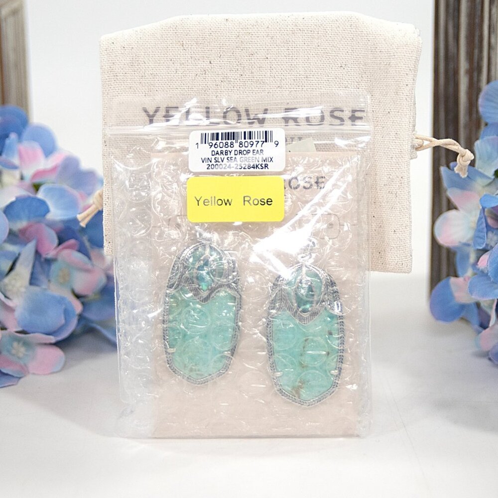 Kendra Scott Darby Yellow Rose Sea Green Chrysocolla Silver Drop Earrings NWT - Picture 2 of 6